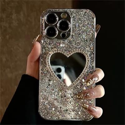 Luxusné Bling Glitter Plating 3D Love Heart Mirror Flitrové puzdro pre iphone 16 14 15 13 12 Pro Max 11 INS Ochranný kryt objektívu