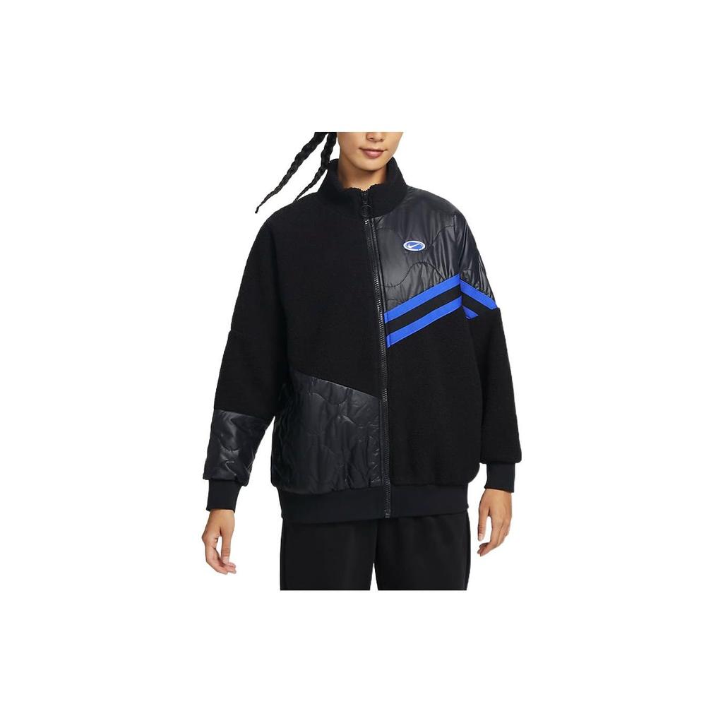 Nike Solid Color Logo Print Fleece Stand Collar Long Sleeve Jacket Women Jackets Black FB1821-010