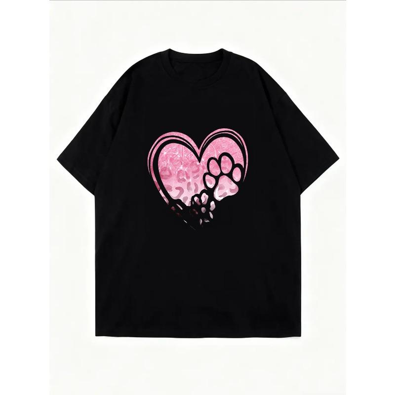 Süßes Herz Pfotenabdruck T-Shirt Weiß Rosa Leopardenmuster Für Freizeitkleidung Und Haustierliebhaber Outfits