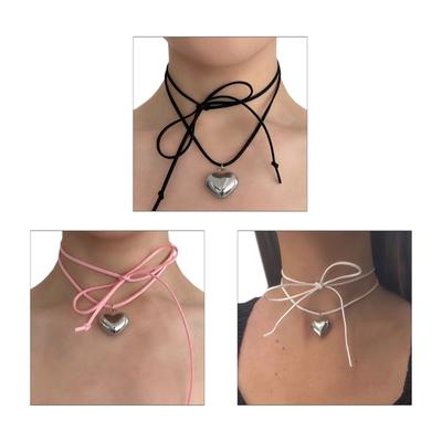Goth Wax Rope Big Heart Pendant Choker Necklace for Women Elegant Weave Knotted Bowknot Drawing Adjustable Chain Jewelry