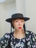 Französischer Retro-Sonnenhut, schwarz, flach, mit niedrigem Oberteil, Damen-Sommerhut, Sonnenschutz, Strandhut, Strohhut mit Riemen