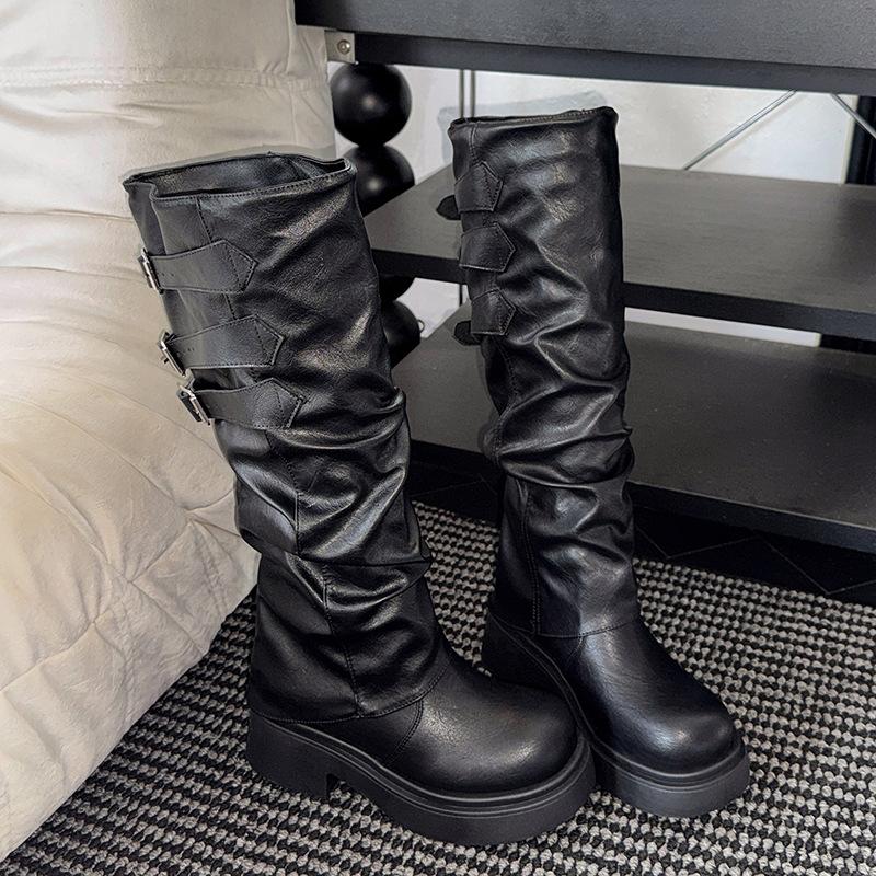 

Maillard pleated pile boots women s 2025 new muffin thick-soled trousers boots but knee-high knight boots 35 чёрный