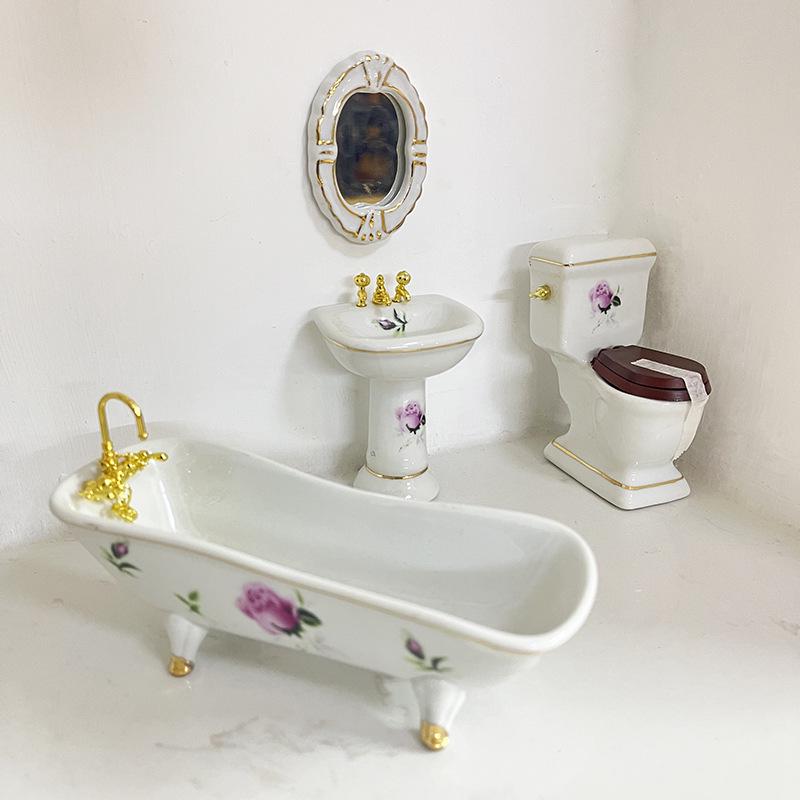 1:12 Scale Miniature Ceramic Bathroom Set - 4-Piece Dollhouse Fixtures
