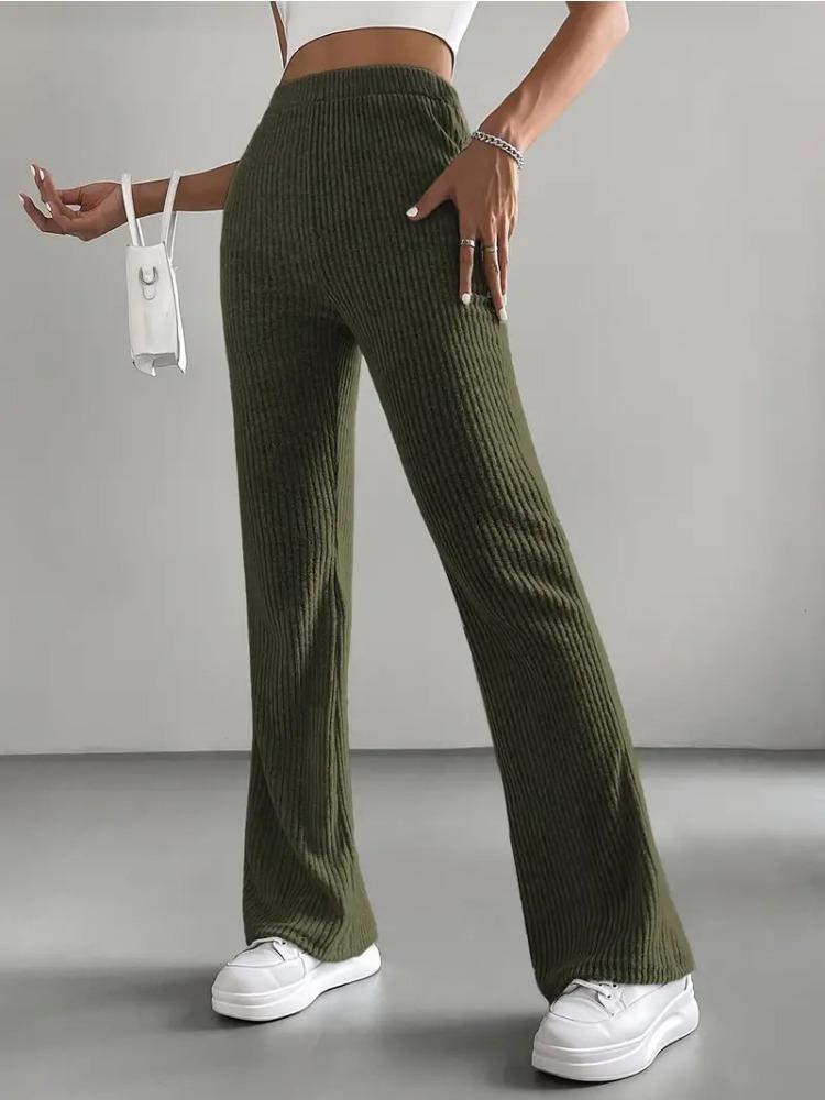 Spring and Autumn Bell-Bottom Pants for Women Solid-Color Casual Pants with Ribbed Knit Fashionable and Versatile Slim-Fit Long Pants
