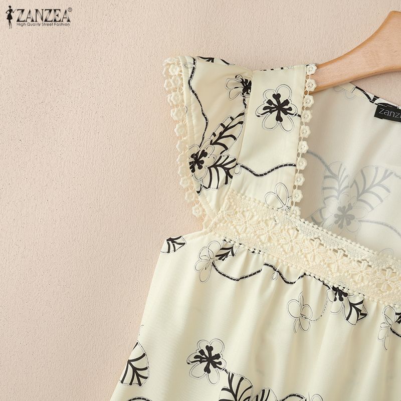 ZANZEA Women Elegant Square Collar Casual Sleeveless Print Tank Tops