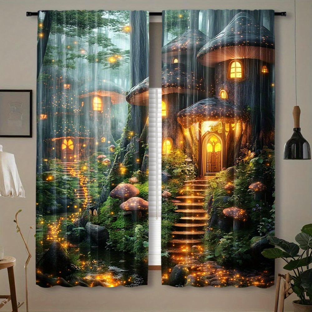 2pcs Enchanted Mushroom Wonderland Curtains - Whimsical Forest Scene with Glowing Mushrooms & Cottages   Rod Pocket Window Treatm