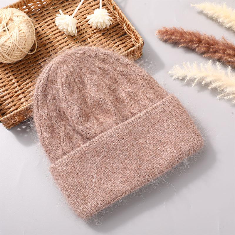 Women's Winter Angora Rabbit Hair Knitted Fried Dough Twist Double Flanging Warm Versatile Wool Hat