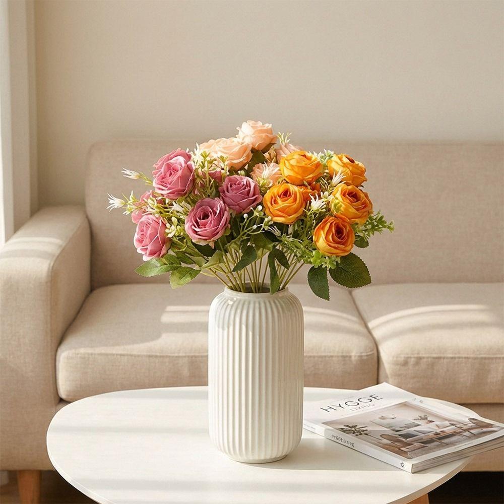 7 Heads Rose Artificial Flowers Silk Petals Green Leaves Simulation Flower Rose Multicolor Scene Landscaping Faux Rose Flower