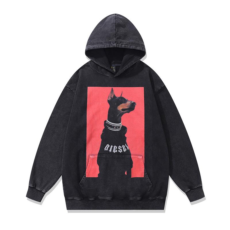 Trendy Brand American High Street Retro Doberman Direct Injection Printing Washed Long-Sleeved T-Shirt Men'S Loose Vintage Top
