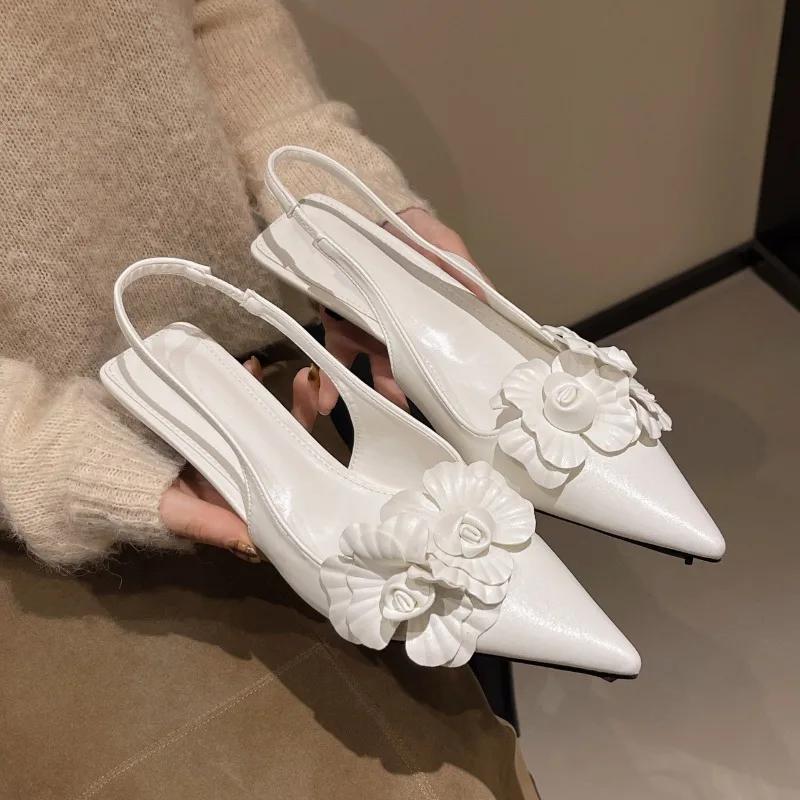 Fashion 2025 Summer Fashion High Heels Flower Sexy Pointed Ladies Casual Outdoor Shoes Sweet White Sandals