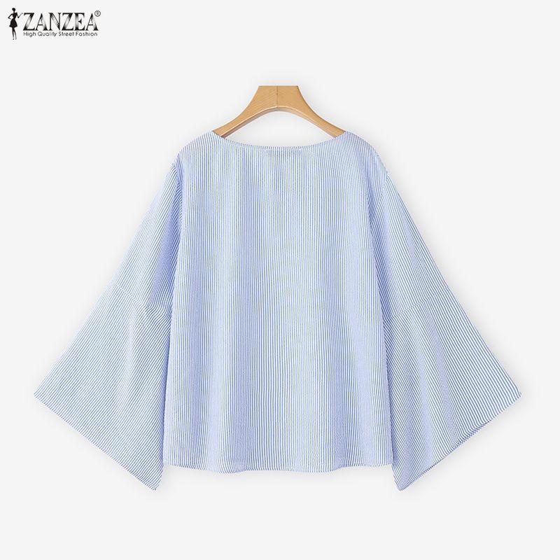 ZANZEA Women Stripe Print Casual Round Neck Long Sleeve Blouse
