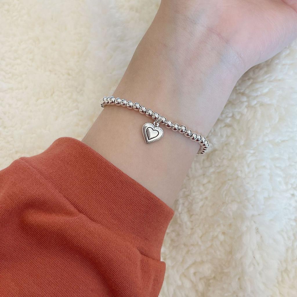 Simple Silver Round Bead Elastic Rope Love Pendant Bracelet Women'S High Sense Versatile Student Jewelry Trend