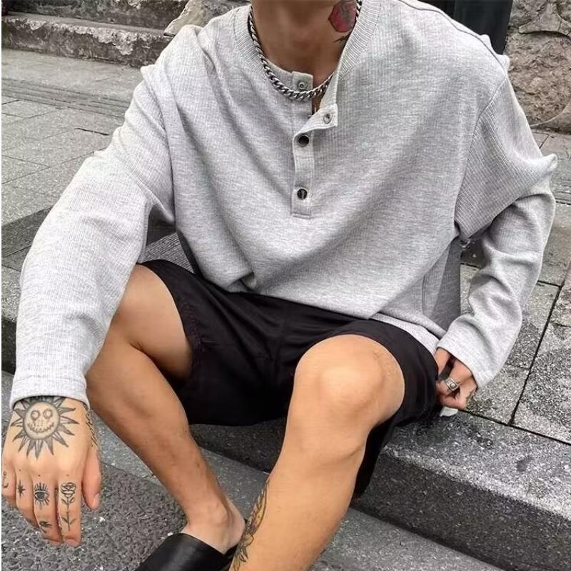 

Унисекс Топы с длинным рукавом Простые Удобные Драпированные Топы с воротником Генри Повседневная Модная Текстура Без капюшона Повседневные Длинные рукава M серый