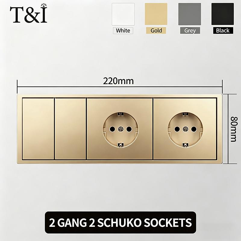 Flush Mount EU Electrical Socket 16A 250V with USB Type-C Charging 1/2 Gang Switch, 80x80mm Golden Panel for European Standard