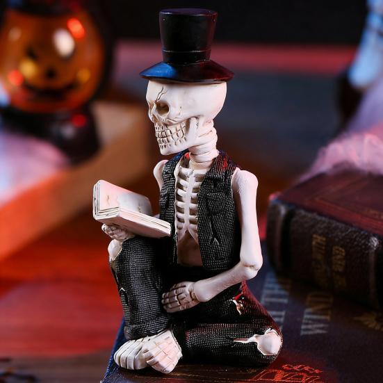 Small Reading Gentleman Skull Figurine Halloween Sitting Skeleton Statue with Top Hat And Suit for Gothic Living Room Table Shelf Indoor Decor