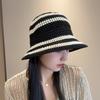 Women's woven hollow straw hat, Japanese-style plain bucket hat, summer outdoor beach vacation sunshade and sun protection hat