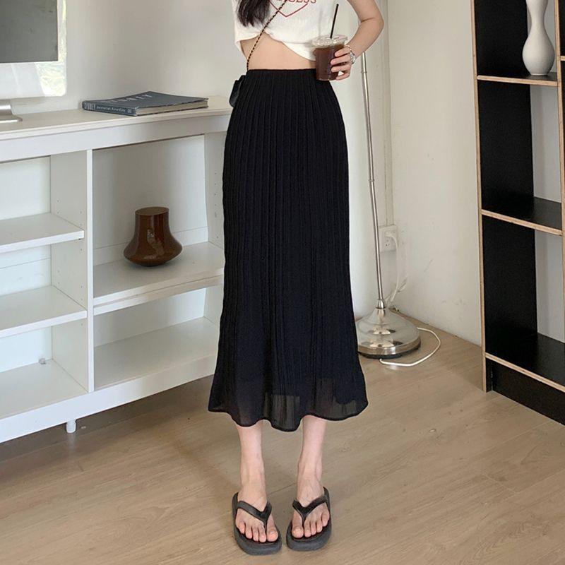 Women's Elegant Bag Hip Skirts High Waist Elastic Folds All-Match Commute Monochromatic Midi Skirts Summer Fashion