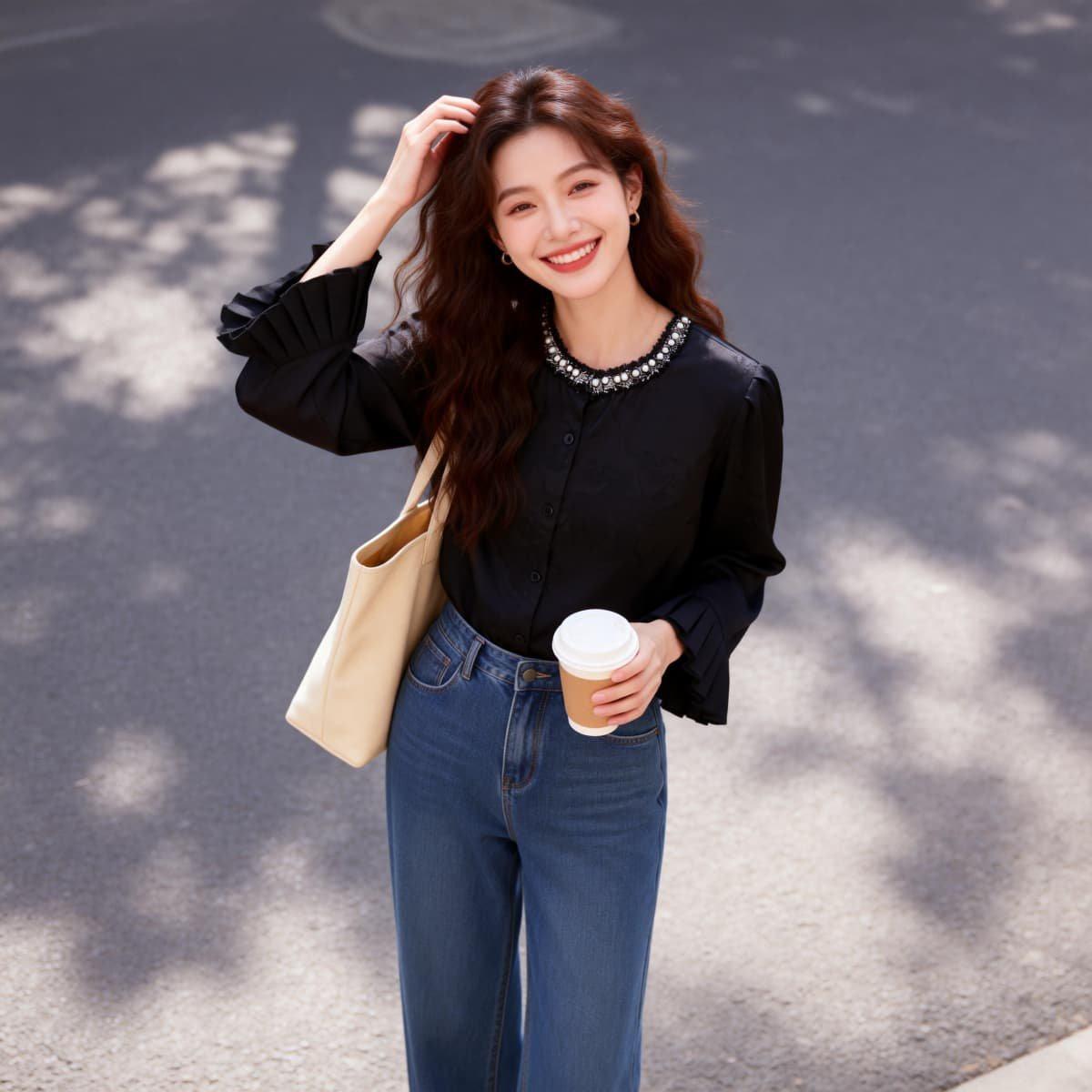 

Elegant Spring/Autumn Sequin Shirt - Light Luxury, Unique, Slimming Fit, Women s Fashion 3XL чёрный