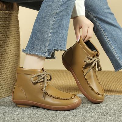 Fashion 2024 Damen Einfarbige Flock Flache Stiefel Freizeit Schnürschuhe Weiche Sohle Boote Bequeme Leichte Rutschfeste Stiefeletten