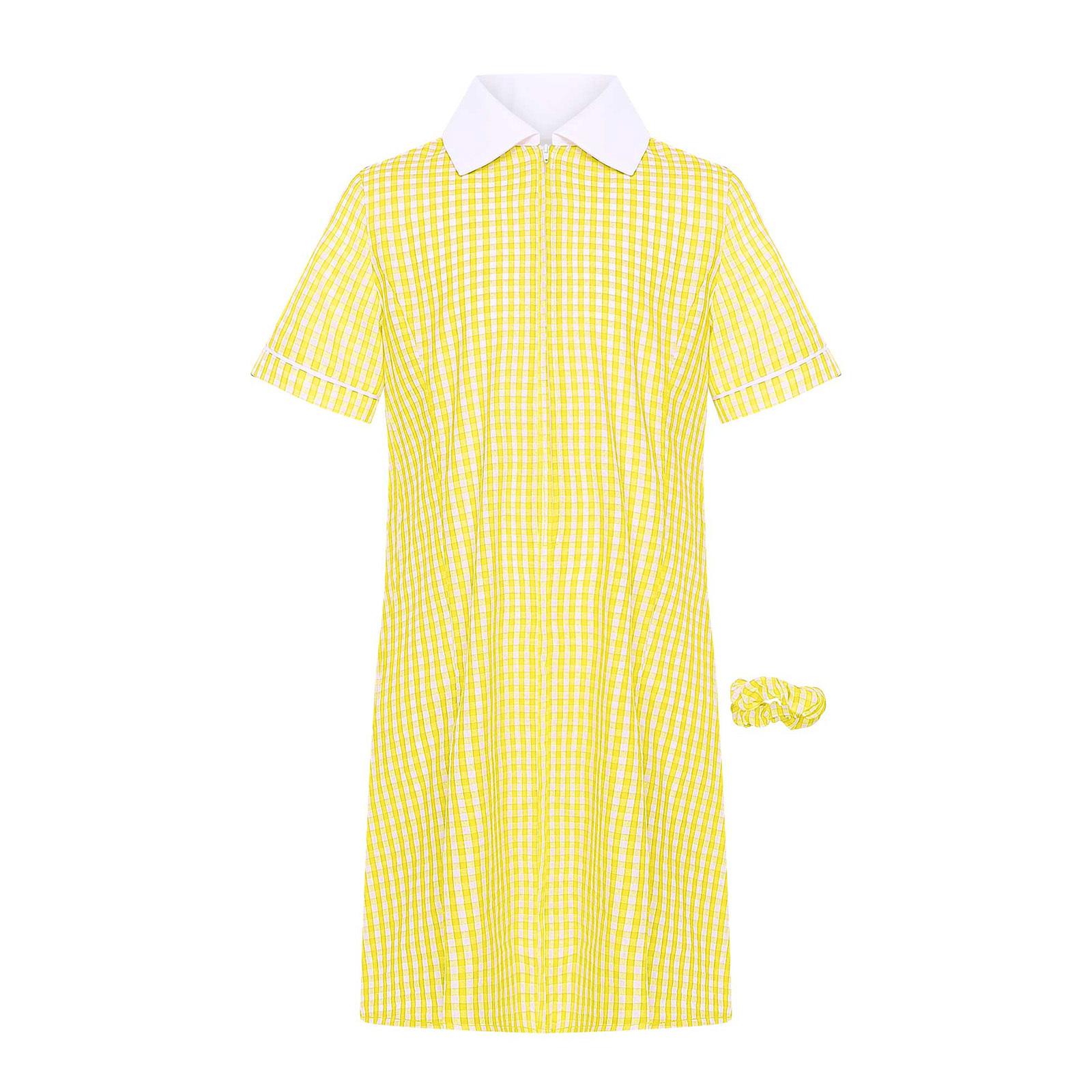 

Girls Plaid School Dress Turn Down Collar Front Zipper Short Sleeve Pleated A-Line Skirt Elastic Hairband Daily Party Wear 5-6 Years жовтий