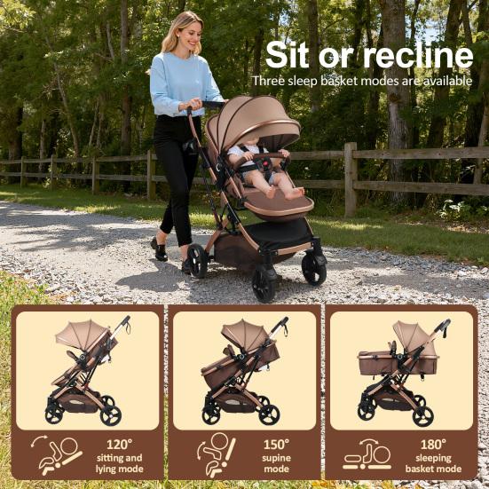 Infant Stroller 2-In-1 Convertible Baby with Bassinet Mode, Adjustable Canopy Reversible Seat Foldable Newborn Pram Pushchair, High Landscape Travel