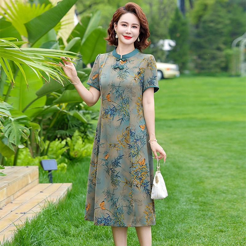 

2026 Summer Chinese-Style Short Sleeve Dress for Middle-Aged and Elderly Women 2XL (suggested 105-120 jin) зелёный