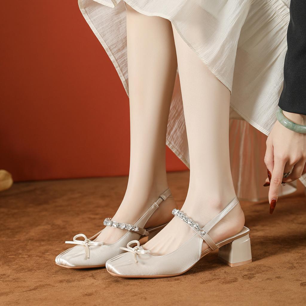Bow word with rhinestone ballet shoes Mary Jane women's shoes small fragrant style thick heel high heels women's high sense