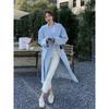 Smog Blue Windbreaker Jacket for Women Spring and Autumn New Korean Mid-length Ladylike Temperament Popular Coat