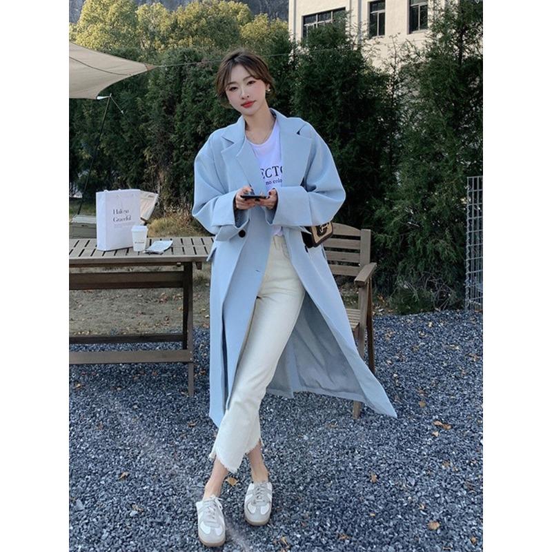 Smog Blue Windbreaker Jacket for Women Spring and Autumn New Korean Mid-length Ladylike Temperament Popular Coat