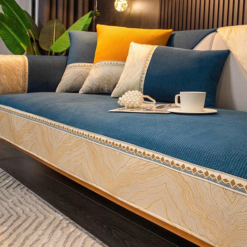 Jacquard Wide Edge Sofa Cover Anti-skid Grid Plush Cushion Warm Cover Sofa Towel Embroidery Webbing Sofa Cushion Cover For Home
