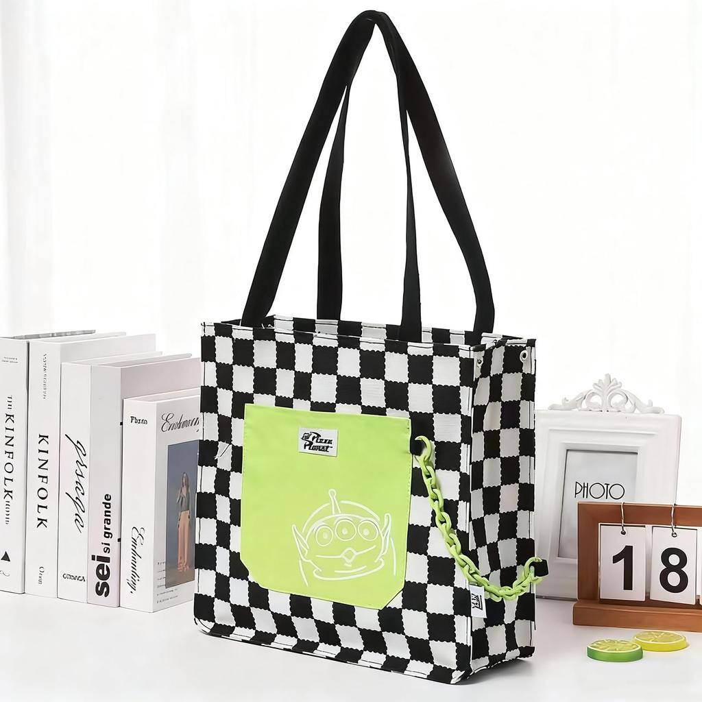 [hgTUP] Little Green Men Tote Bag, Canvas Tote Bag, Large Capacity, Alien Shoulder Bag, Canvas Tote Bag with Zipper and Interior Pocket, Eco Bag, Meet