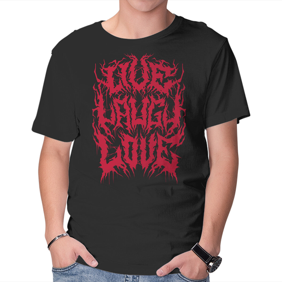Unisex Crew Neck T-Shirt Live Laugh Love Black Metal Graphic Short Sleeve Casual Tee XS