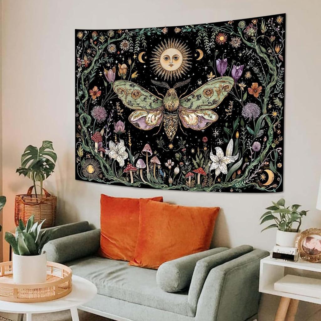 Mystische Himmelsmotte Wandteppich, Boho Sonne Mond Pilz Blumendruck Großer Wandbehang für Schlafzimmer Wohnzimmer Ästhetische Dekoration