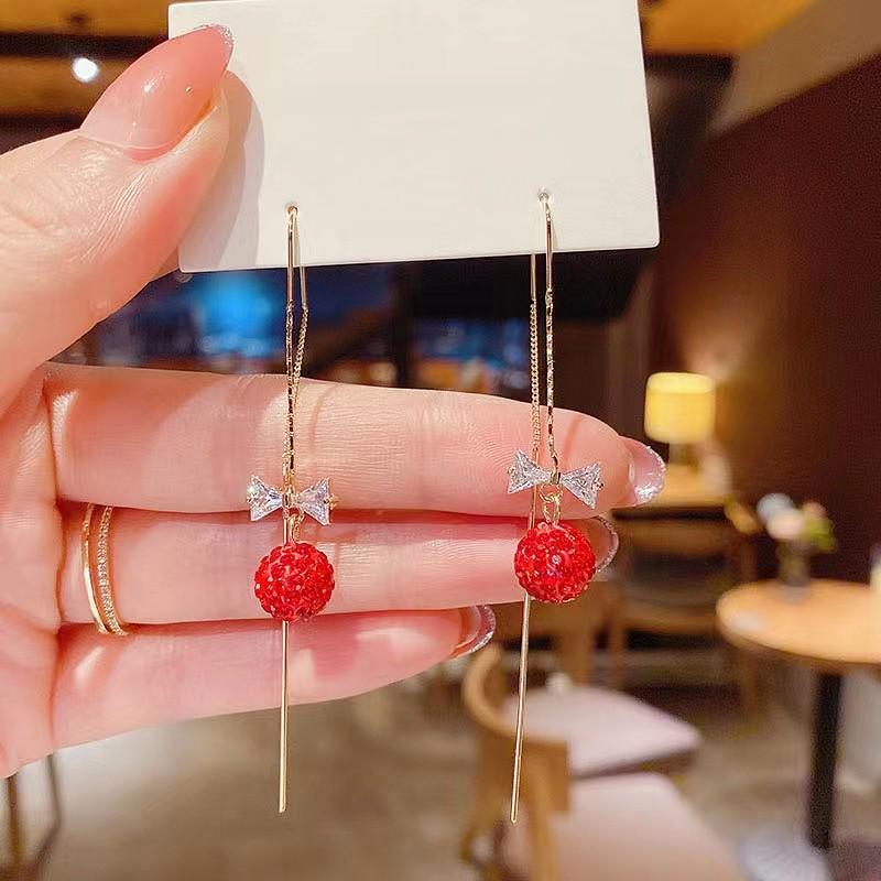 2024 Korean Red Rhinestone Bow Earrings with 925 Silver Needle 3A510