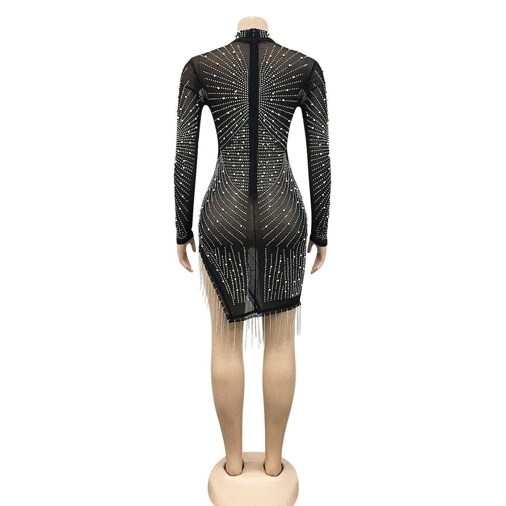 European & American Sexy Mesh See-Through Nightclub Dress with Bead Tassels and Long Sleeves