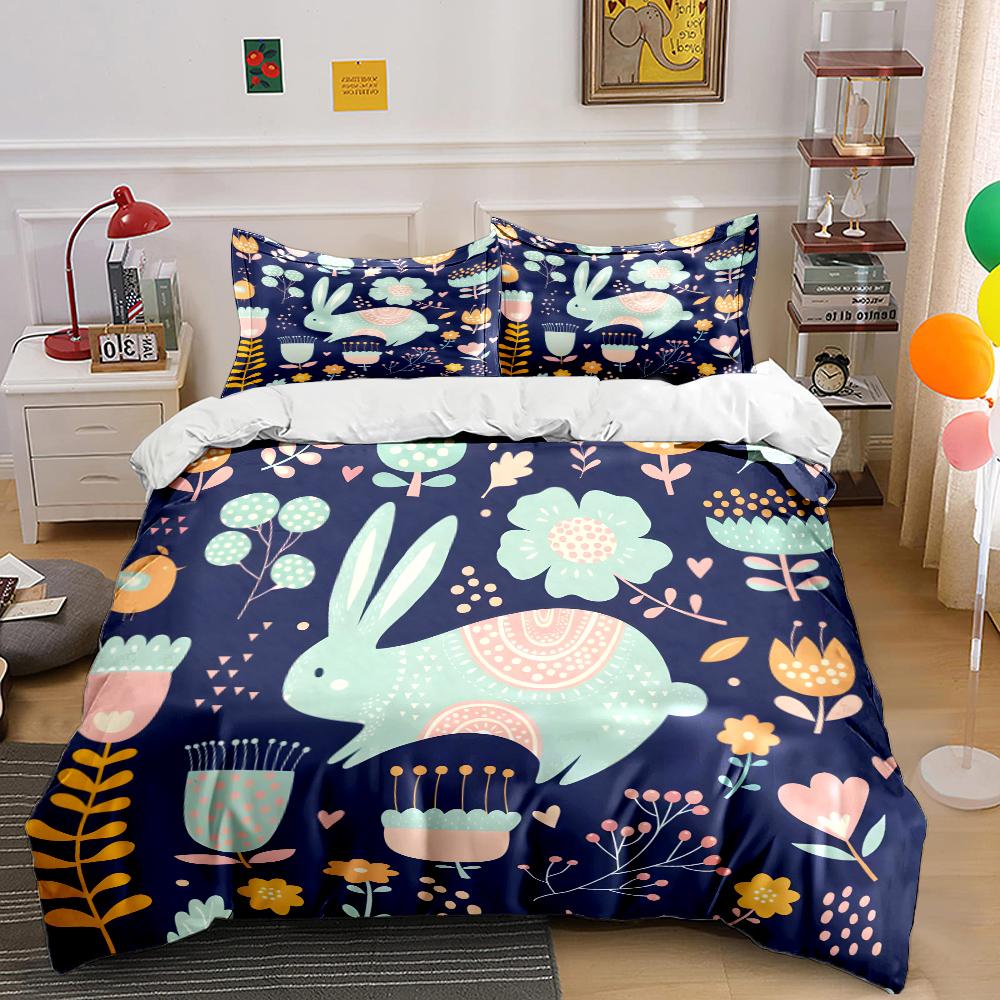 Cute Hand-Drawn Rabbit And Floral Pattern Bedding Set 1 Duvet Cover 2 Pillowcases For Adult And Children Luxury Gift Full Size