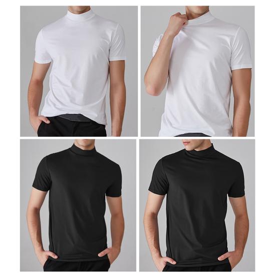 Heren Halve Hoge Kraag Slim Fit T-shirt Zomer Casual Korte Mouw Effen Kleur Elastisch Dun Pullover T-shirt