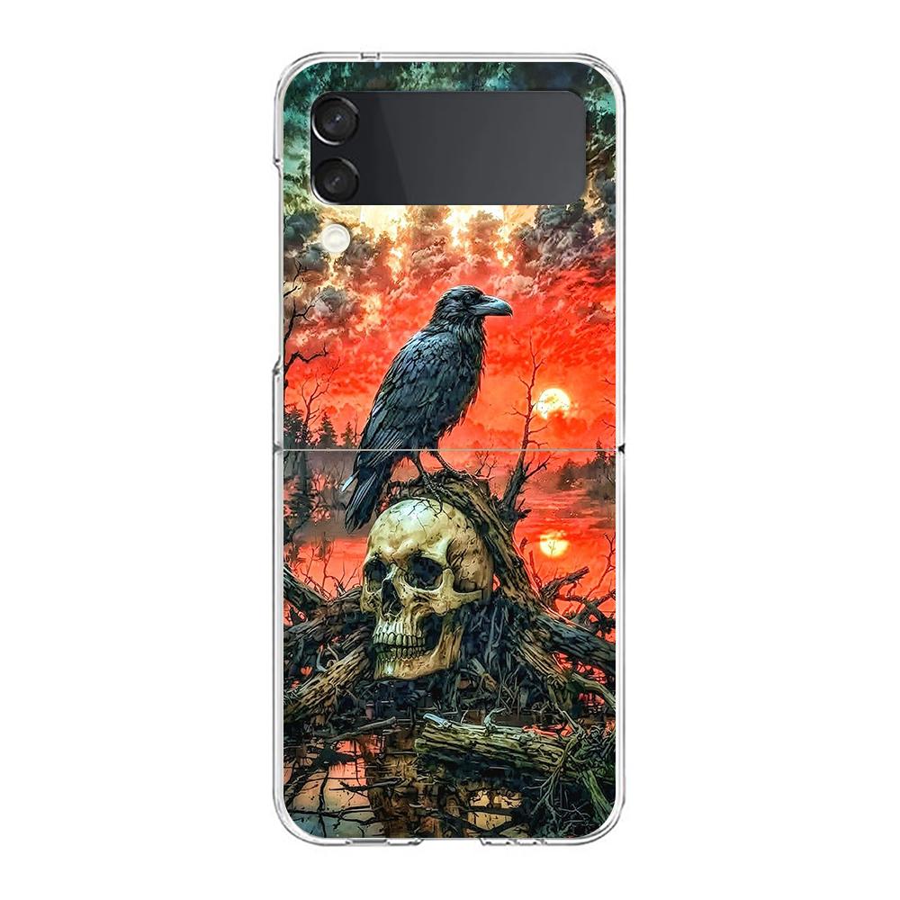 Phone Cover For Samsung Galaxy Z Flip 7 6 5 4 Case Transparent For Samsung Z Flip 3 Hard PC Foldable Shell Raven Crow Skull Bags