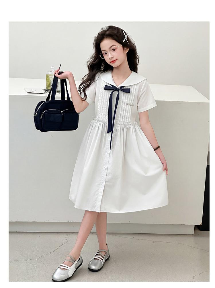 Girls' Korean version college style summer dress, new summer children's stylish navy collar bow dress
