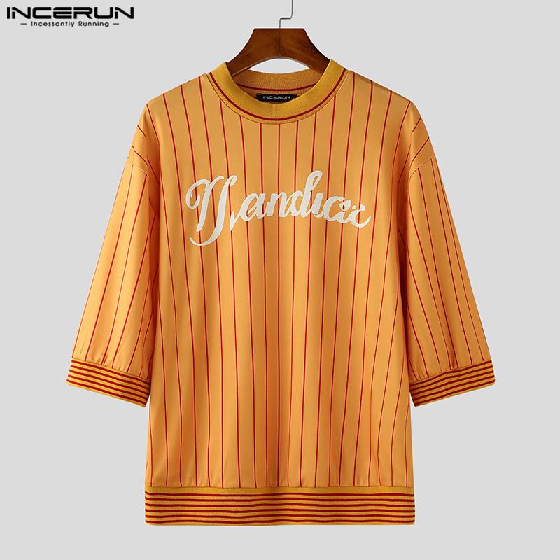 INCERUN Men Round Neck 3/4 Sleeve Striped Print Stitching Summer T-shirts Tops