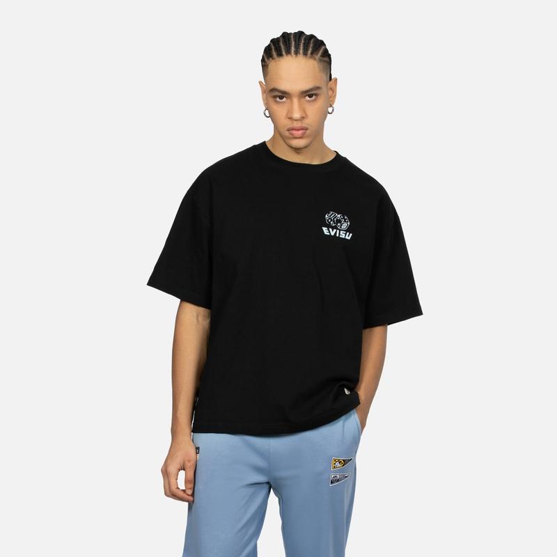 Evisu T-Shirts Men's Black Crew Neck Moderate Straight Fit 2ESHTM4TS1076LFCT