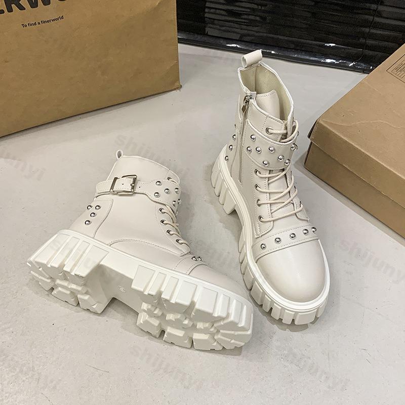 Women Ankle Boots 2026 Autumn Platform Belt Buckle Female Short Boots Thick Sole Lace Up Rivet Zipper Fashion Ankle Boots Botas