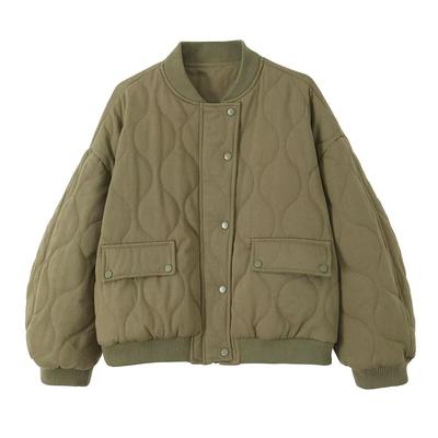 Women's Quilted Loose Bomber Jacket Crew-neck Long Sleeve Jacket Coat Flap Pocket Zip Fall Winter Female Warm Outerwear