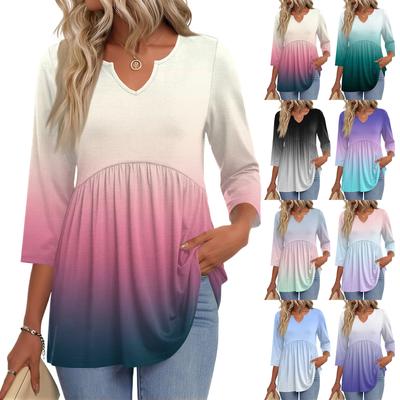 Women's Casual Gradient Print V-Neck Three-Quarter Sleeve Blouse for and Everyday Wear