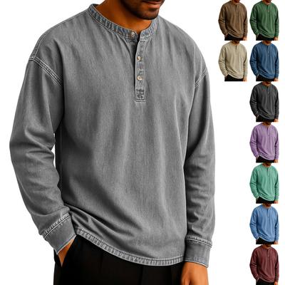 Men's Solid-color Casual Washable Retro Round-neck Slim Long-sleeved Top
