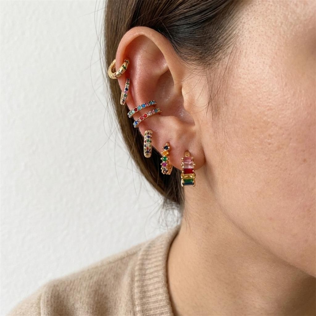 7pcs Colorful Crystal Earrings Set for Women Exquisite Gold Color Copper Zircon Ear Cuffs Earrings Luxury Party Wedding Jewelry
