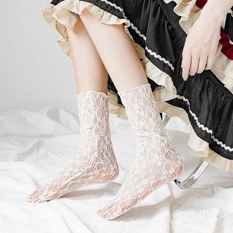 Women Kawaii Japanese Fashion Sock Retro Lace Floral Mesh Lolita Cute Socks Thin Middle Tube Girls Breathable Harajuku Socks