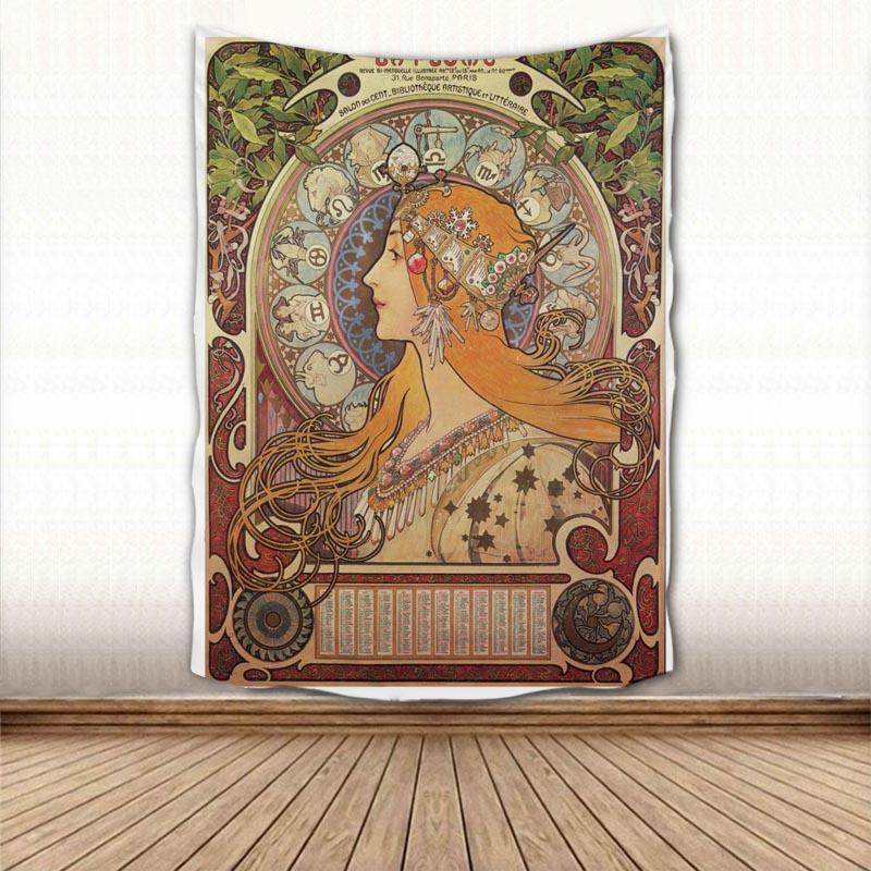 Beautiful Alphonse Mucha Tapestry Wall Hanging Wall Fabric Tapestry Art Home Decoration Sleeping Pad Wall Carpets Dorm Decor 100X70CM