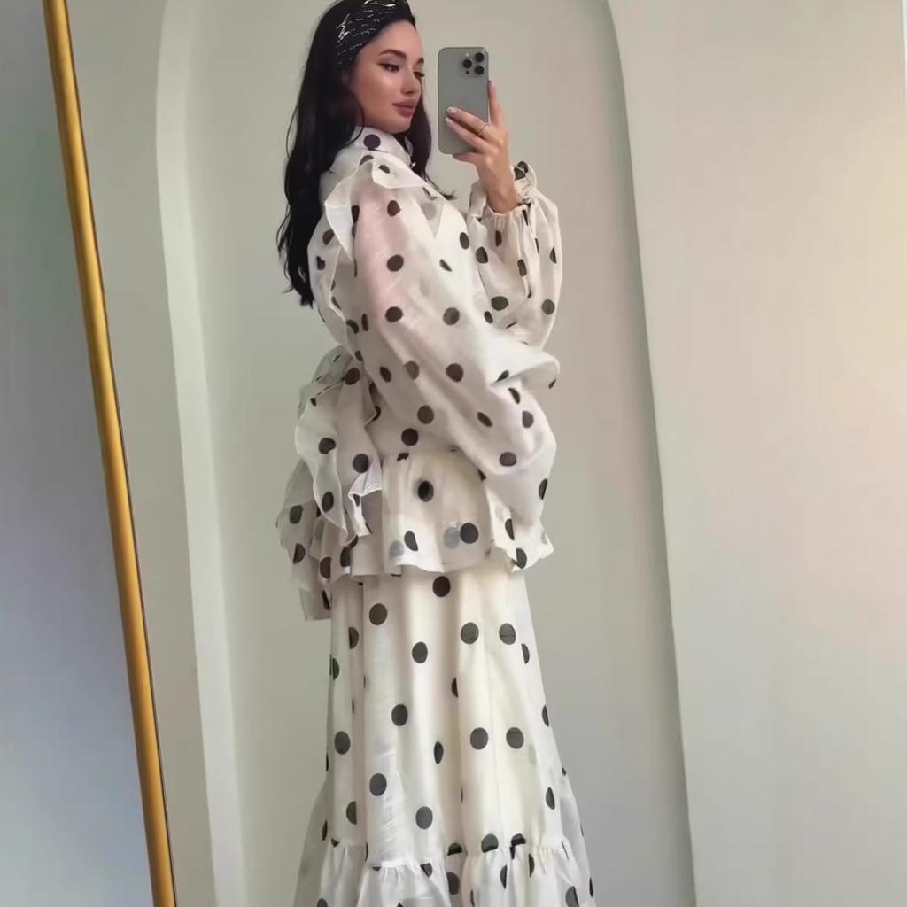 Abito Midi da Donna a Pois con Bordi Arricciati a Maniche Lunghe Bianco Nero Abito Elegante
