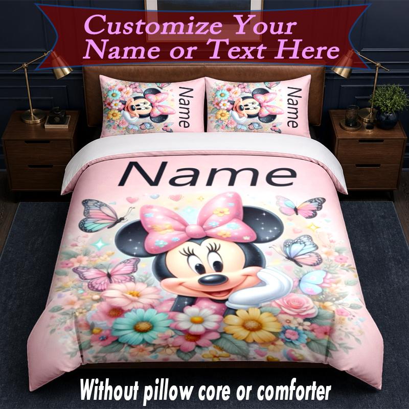 Custom Name Minnie Mouse Ears Pink Bow Duvet Cover Set - Without Core and Quilt, Machine Washable